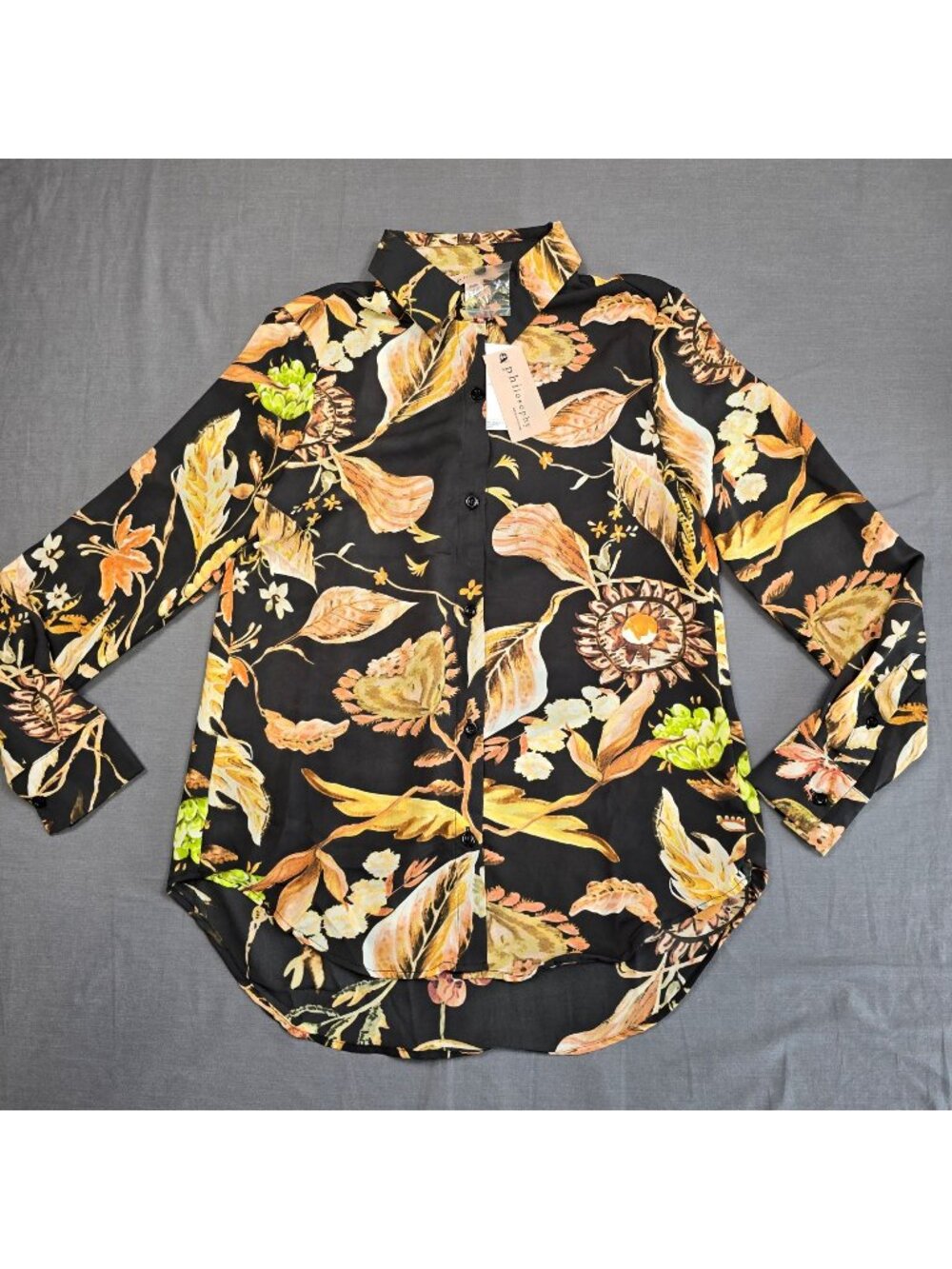 NEW Philosophy Womens XS Button-Up Floral Shirt Brown Long Sleeve Lightweight